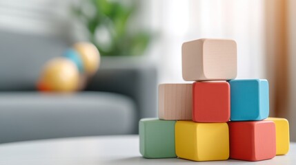 Colorful Wooden Blocks Stacked on Table in Cozy Living Room with Soft Lighting and Green Plant