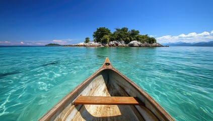 Tropical island, wooden canoe, turquoise water.  Island in the distance,  clear water, boat's perspective
