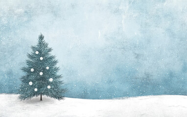 Snowy winter landscape illustration with a decorated Christmas tree and snowflakes under a blue sky, perfect for a holiday celebration card
