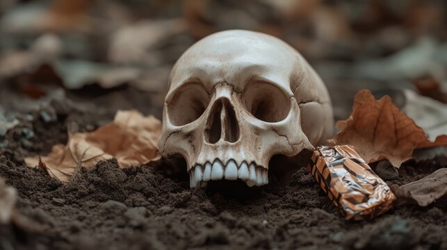 Realistic Human Skull on Ground Surrounded by Autumn Leaves and Chocolate Bar, Sinister Scene - Powered by Adobe
