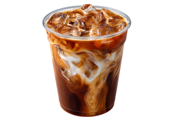 Refreshing iced coffee with cream swirls and ice cubes in a clear plastic cup