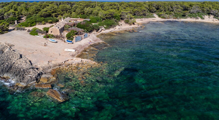 old fishermen's houses, cape s'Estalella, s'Estanyol, Llucmajor, Mallorca, Balearic Islands, Spain