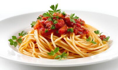 Italian spaghetti with tomato sauce, white background