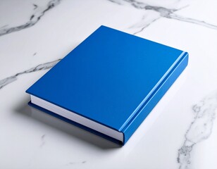 Blue Textured Hardcover Book Mockup on Marble Surface