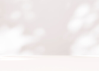 Empty brown cream beige room studio with shadow of leaves for product presentation. Autumn background. Summer tropical backdrop. Cosmetic showroom.