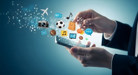 Hands Holding Smartphone with Floating App Icons Digital LifestyleModern Connectivity: App Icons for Travel, Music, and More Above Phone