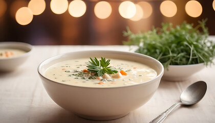 Creamy Chicken and Vegetable Soup in Rustic Bowl