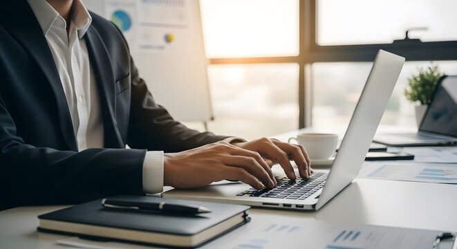 Professional Focus: Suited Individual Working on Laptop in Sunlit Home Office Businessperson Typing with Papers and Notebook Nearby 