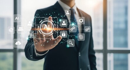 Artificial Intelligence in Business: Professional Using Digital Interface with AI Icons Modern Technology Concept: Executive Touching AI Hologram in Futuristic Setting 