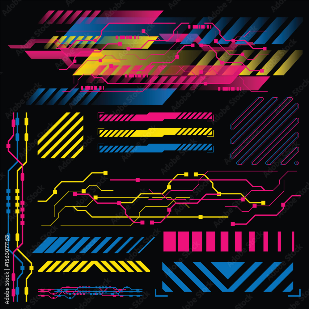 Wall mural y2k 2000s sci-fi cyberpunk gaming retro-futuristic template set dashboard hud for ux-ui application,