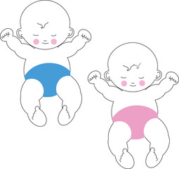 Baby boy and girl cute smile while sleeping vector illustration doodle