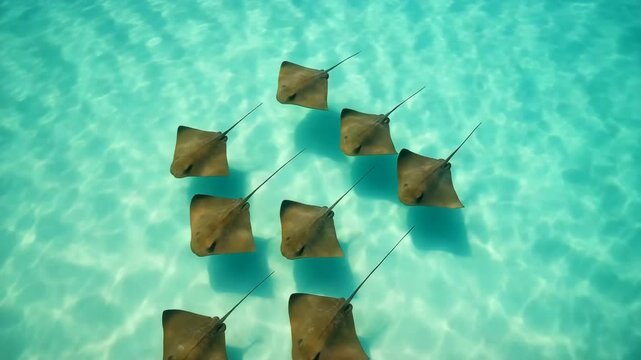 A group of stingrays swimming together in clear, turquoise water.