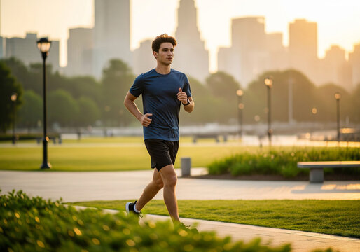 Young man jogging through city park - Powered by Adobe