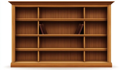 Empty Wooden Bookshelf, Library Style, Interior, Books on Middle Shelf
