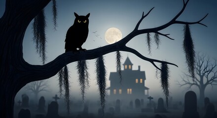 Black Cat with Glowing Eyes Sitting on Tree Branch in Haunted Forest Under Full Moon
