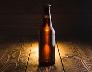 Brown Beer Bottle on Dark Wooden Surface