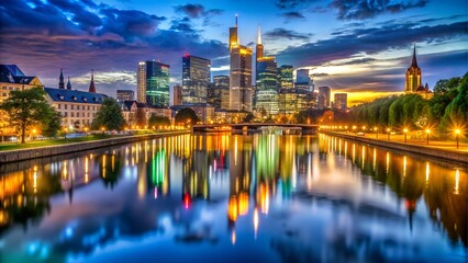 Fototapeta premium A stunning view of frankfurts skyline at night, reflected in the calm waters of the river main