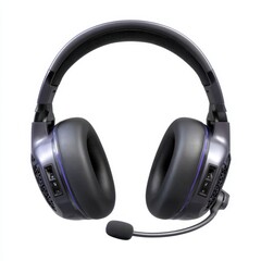 Modern black gaming headphones with microphone isolated on white background