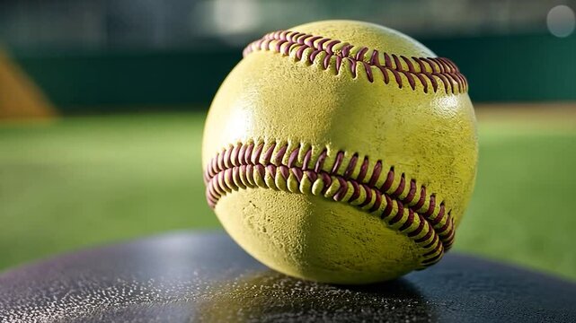 Close-up of a yellow softball on a dark surface