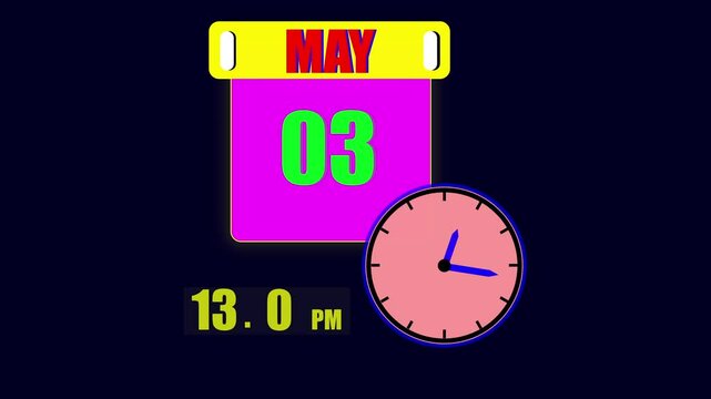 Calendar displaying May 3th day with a clock and 24 hours counting the current time on a dark background.