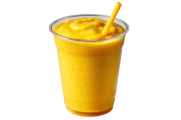 Refreshing yellow smoothie in a clear plastic cup with a yellow straw on a black background