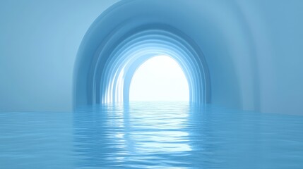Fototapeta premium Light-filled, arched tunnel reflecting on placid water.