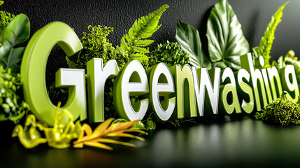 Concept of greenwashing with 3D text surrounded by lush green foliage, symbolizing misleading environmental marketing and false sustainability claims.