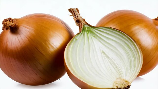 Golden onions on a white backdrop, one onion is cut in half, revealing white flesh and layers. Vegetables for cooking.