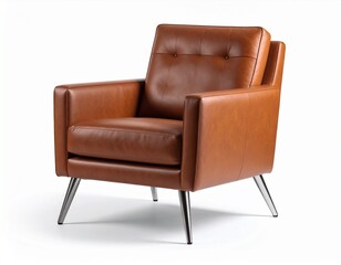 Brown leather modern and luxury armchair with metallic legs isolated on white background
