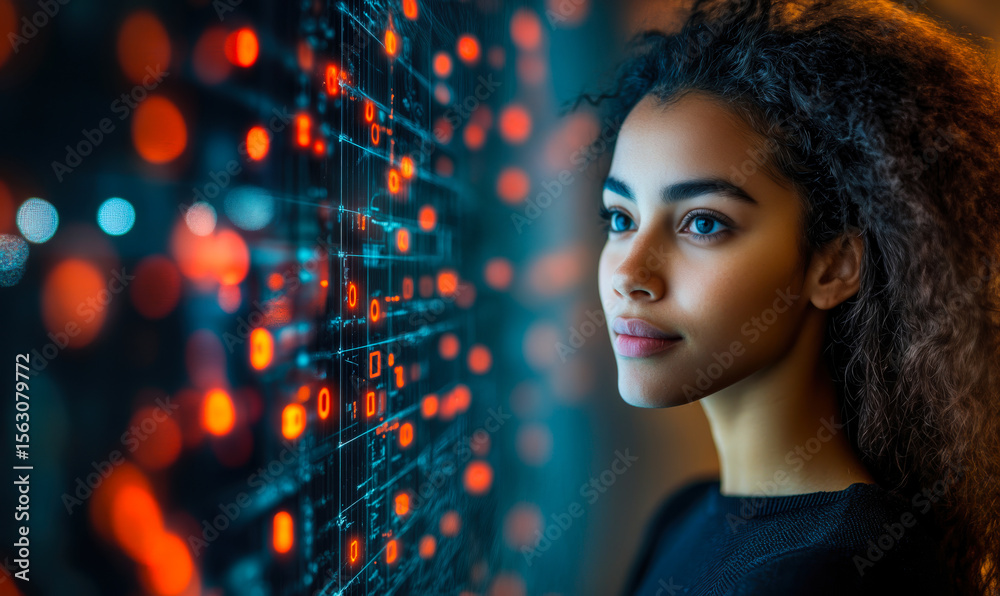 Poster young woman analyzing digital data visualization with glowing red and blue binary code on transparen