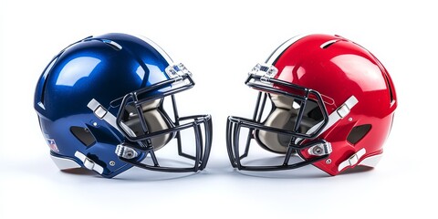 Fototapeta premium Two opposing football helmets facing each other on white background