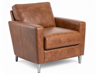 Brown leather modern and luxury armchair with metallic legs isolated on white background