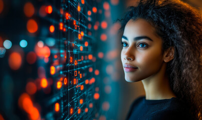 Young woman analyzing digital data visualization with glowing red and blue binary code on transparent futuristic screen in dark high-tech environment