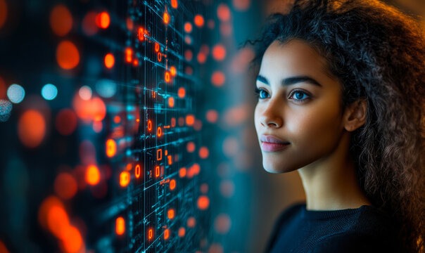 Young woman analyzing digital data visualization with glowing red and blue binary code on transparent futuristic screen in dark high-tech environment