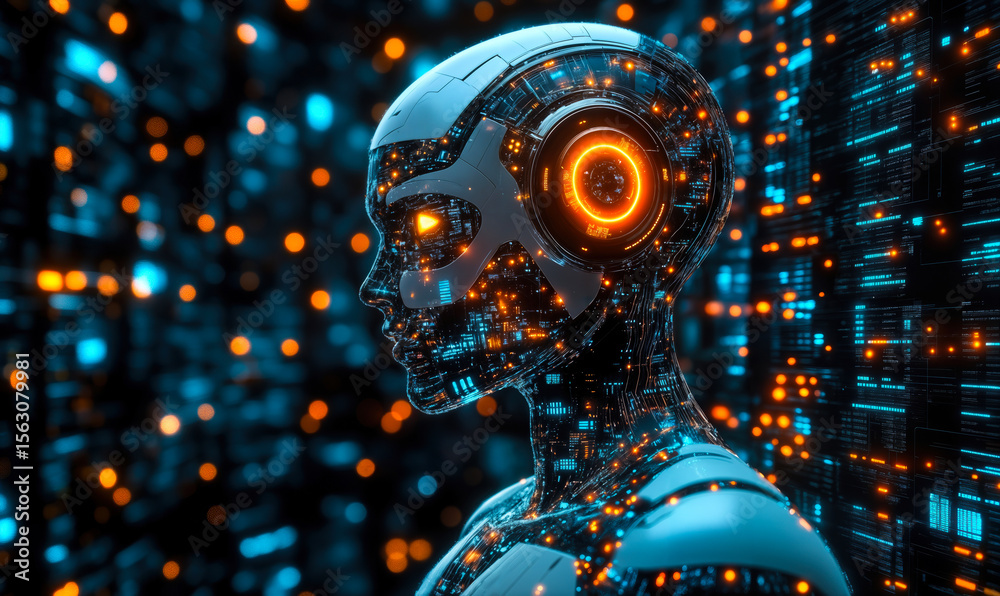 Poster futuristic digital humanoid robot head with glowing circuits and data nodes in dark high-tech enviro