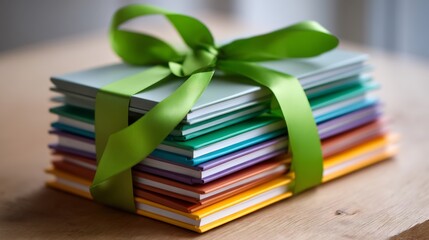 Stack of colorful books tied with a green ribbon, showcasing education and gifts