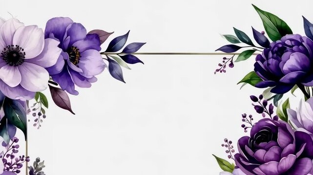 Elegant purple floral frame, watercolor style with roses, anemones, and leaves on a white background for invitations and greetings