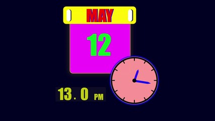 Calendar displaying May 12th day with a clock and 24 hours counting the current time on a dark background.