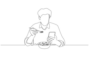 Continuous one line drawing of man eating salad while looking at his phone, mealtime in digital age concept, single line art