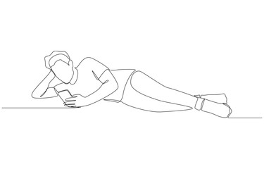Continuous one line drawing of man lying on his side looking at smartphone, phone addiction before bedtime concept, single line art