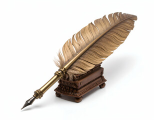 Elegant Quill Pen Antique Feather Pen on Wooden Stand, Isolated