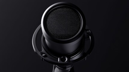 Close up shot of a professional black microphone, on a dark background. Perfect for podcasts, streaming, vocals, and other audio productions.