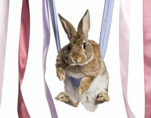 Adorable Rabbit Practicing Aerial Yoga with Silk Ribbons A Whimsical Cartoon Illustration