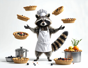 Chef Raccoon Juggling Pies A Whimsical Cartoon Kitchen Scene