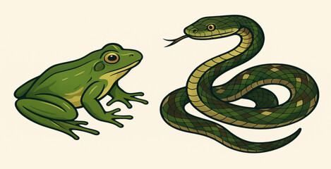 Colored Frog and Snake Vector Illustration – Smooth Tracing, Clean Outlines, Nature-Inspired Design
