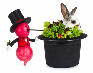 Magician Radish Pulling Bunny from Salad Hat Hilarious Cartoon Illustration