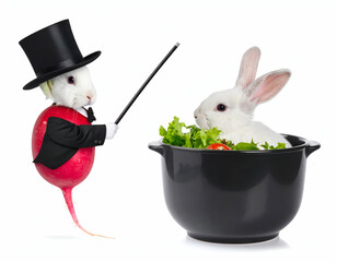 Magician Radish and Bunny in a Salad Bowl Hilarious Cartoon Illustration
