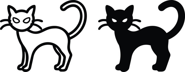 Scary Black Cat Vector Icons – Halloween Angry Feline Illustration in Black and White
