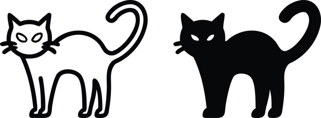 Black Cat Outline Icons – Halloween Scary Kitty Vector Illustration in Black and White