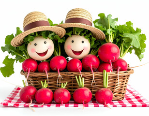 Adorable Radishes Picnic Cartoon Radishes in Hats Enjoying a Summer Gathering